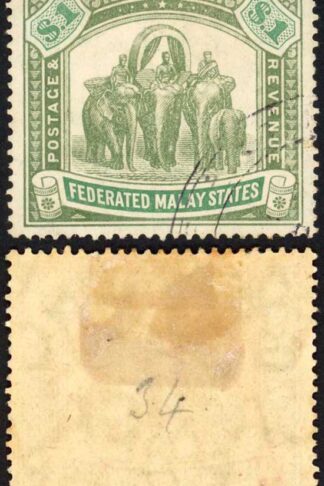 Malay SG48 One Dollar Grey green and Green Fiscally Hand Stamp