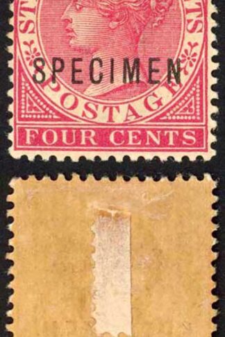 Straits Settlements SG98s 4c Deep Carmine Opt Specimen M/M (hinge remainder)