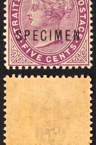 Straits Settlements SG100s 5c Magenta Opt Specimen M/M (creased)