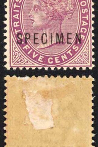 Straits Settlements SG100s 5c Magenta Opt Specimen M/M (hinge remainder)