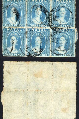 Natal SG11 3d Blue No Wmk Intermediate Perf 14 to 16 BLOCK of SIX
