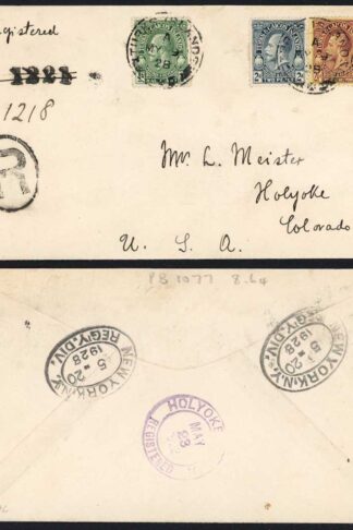 Turks and Caicos 1928 KGV 1/2d 2d and 2 1/2d on Registered Cover