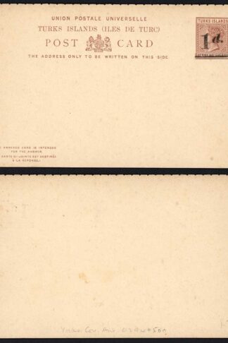 Turks and Caicos 1d on 1 1/2d Reply Card Right Serif Damaged
