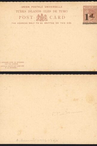 Turks and Caicos 1d on 1 1/2d Reply Card Opt Dropped Reply card Raised