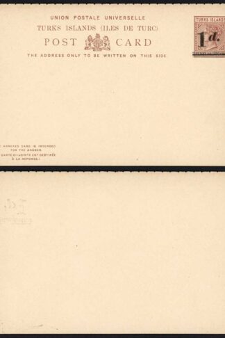 Turks and Caicos 1d on 1 1/2d Reply Card Deformed Stop