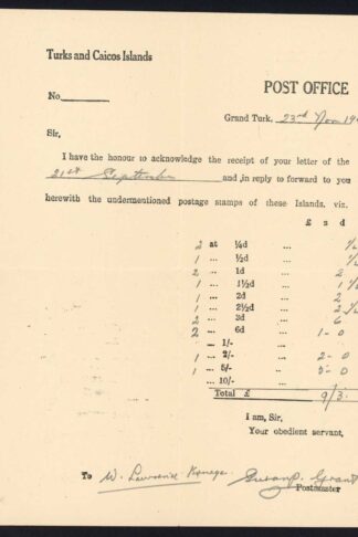 Turks and Caicos 1946 letter from the Postmaster