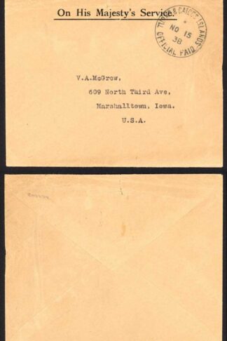 Turks and Caicos 1938 OHMS Official Paid Cover
