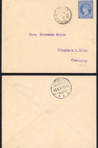 Turks and Caicos QV 2 1/2d Blue Envelope USED to Germany