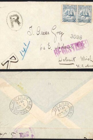 Turks and Caicos 1913 2 1/2d Greyish Blue Pair on a Registered Cover