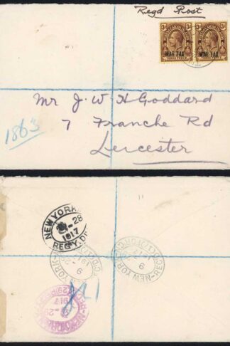 Turks and Caicos SG141 1917 3d WAR TAX Pair on a Registered Cover