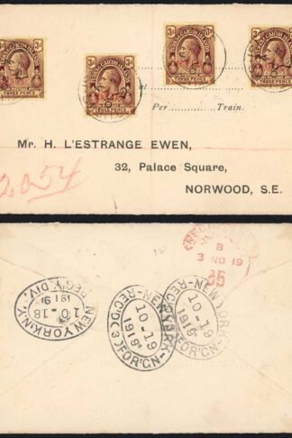Turks and Caicos SG145 3d War Tax in RED x 4 On 1919 Cover