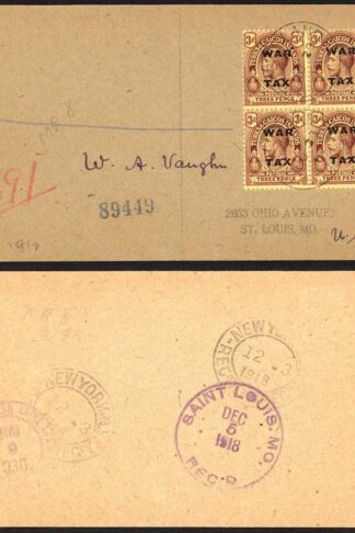 Turks and Caicos SG147 3d War Tax Block on Registered Cover