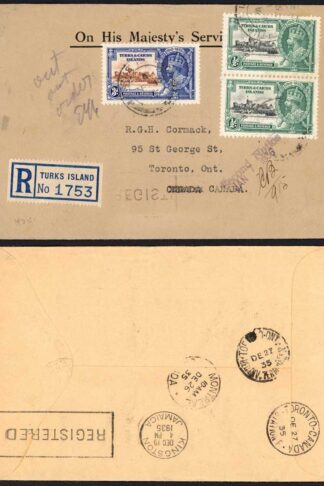 Turks and Caicos 1/2d Pair and 3d Silver Jubilee on Cover