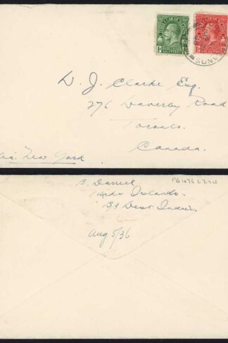 Turks and Caicos 1936 1/2d and 1 1/2d on Cover to Canada via New York