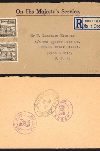 Turks and Caicos 6d Sepia x 2 on an OHMS Registered Cover