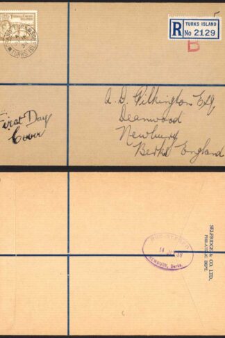 Turks and Caicos 1/- Yellow-bistre on FDC