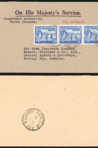 Turks and Caicos KGVI 3d Strip on OMHS Cover to Jamaica