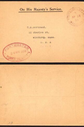 Turks and Caicos 1935 OHMS Paid Handstamp cover