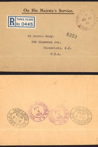 Turks and Caicos 1935 OHMS Paid Handstamp Registered cover