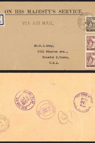 Turks and Caicos 1950 OHMS Registered Cover