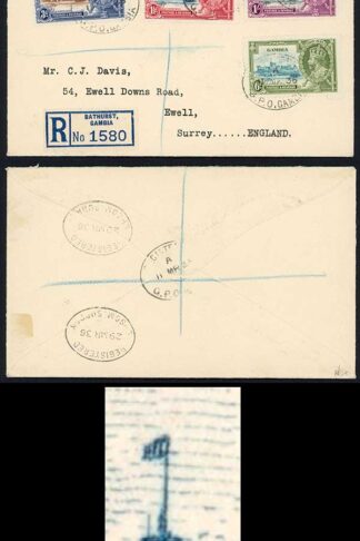 Gambia SG143b 1935 Silver Jubilee 1 1/2d Short Extra Flagstaff on Cover