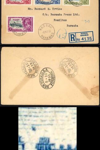 Bahamas SG143g 1935 Silver Jubilee 6d Dot to left of Chapel on Cover