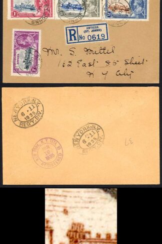 Antigua SG93g 1935 Silver Jubilee 2 1/2d Dot to left of Chapel on Cover
