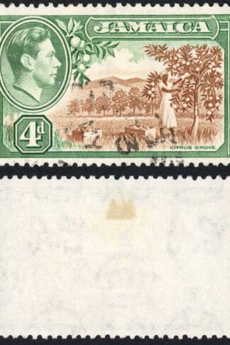 Jamaica SG127 4d Brown and Green LINE Through Jamaica (pre-printing paper creas