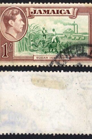 Jamaica SG130a 1/- green and Purple-brown Repaired Chimney Cat 120 pounds