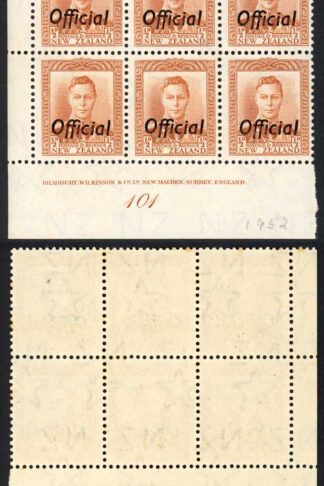 New Zealand SGO135 1/2d Brown-orange Official Plate 101 Block (U/M)