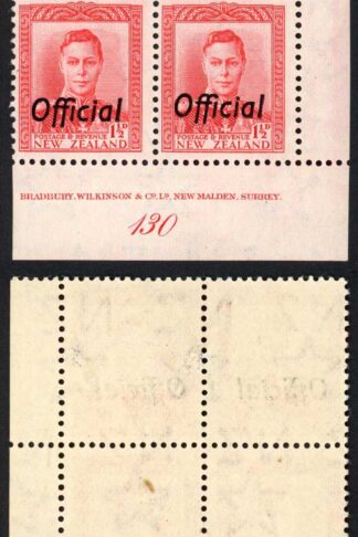 New Zealand SGO139 1/1/2d Scarlet Official Plate 130 Block (3 x U/M)