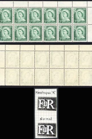 New Zealand SG747 2d Bluish Green R1/19 double frame line and R1/21 Misshapen E