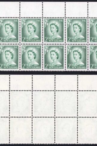 New Zealand SG747a 2d Bluish Green R1/19 double frame line and R1/21 Misshapen E