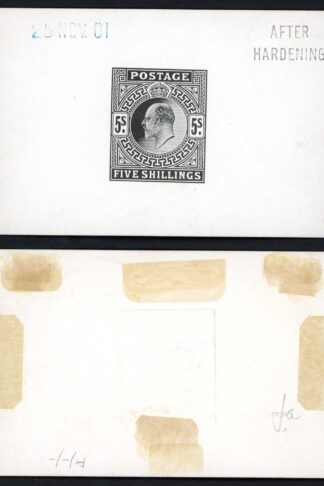 KEVII 1901 5/- die proof in black on glazed card AFTER HARDENING 25 NOV 01