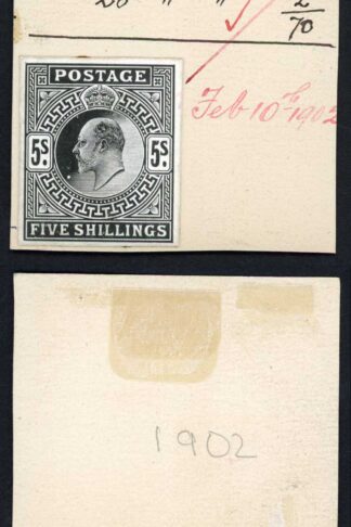 KEVII 1902 5/- stamp size die proof in black UNIQUE Striking Book Piece