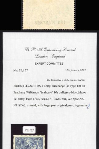 British Levant 1921 180pi on 10/- dull grey-blue Variety Major Re-entry BPA cert