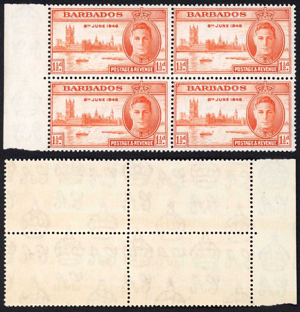 Barbados SG262a 1 1/2d Victory Variety Two Flags U/M Cat 40 pounds