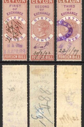 Ceylon Foreign Bill BF24 60c Brown and Lilac 1st 2nd and 3rd Exchange