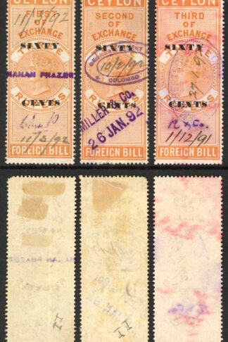 Ceylon Foreign Bill BF46 60c on 3r orange 1st 2nd and 3rd Exchange RARE