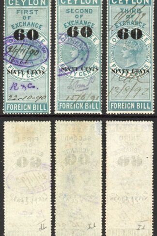 Ceylon Foreign Bill BF54 60c on 1r50 green 1st 2nd and 3rd Exchange