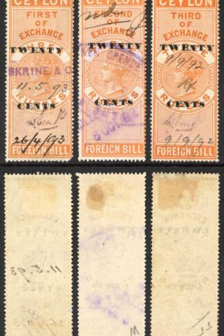 Ceylon Foreign Bill BF44 40c on 3r orange 1st 2nd and 3rd Exchange