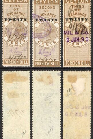 Ceylon Foreign Bill BF39 20 on 30c Brown 1st 2nd and 3rd Exchange