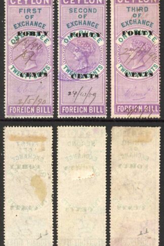 Ceylon Foreign Bill BF43 40c on 1R20 Violet and Green 1st 2nd and 3rd Exchange