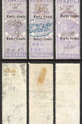 Ceylon Foreign Bill BF36 40c on 45c Violet 1st 2nd and 3rd Exchange
