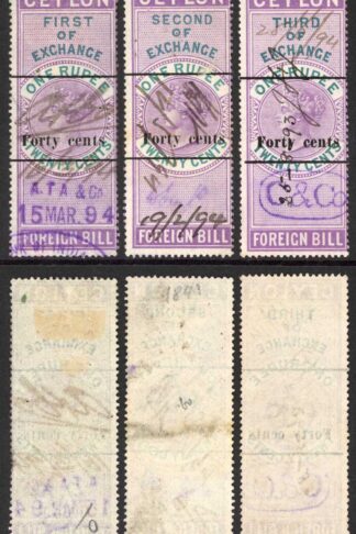 Ceylon Foreign Bill BF61 40c on 1R20c Violet and Green 1st 2nd and 3rd Exchange