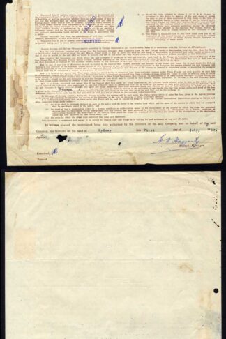 Australia Insurance Policy with NSW 3/- Duty stamp and Malaya stamp