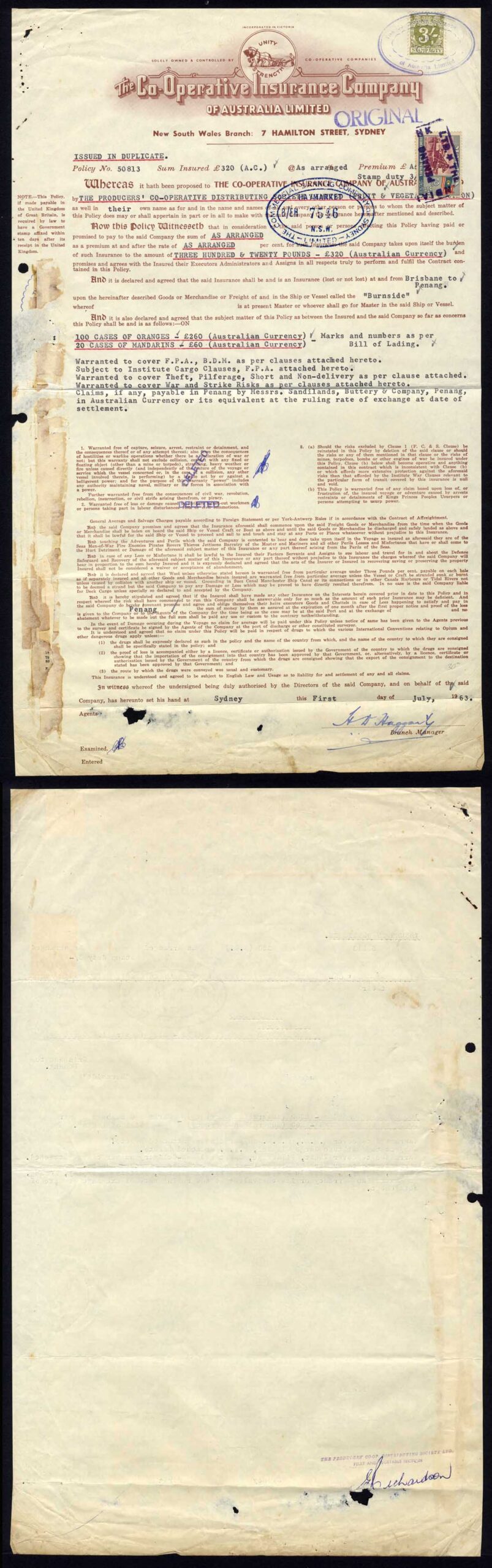 Australia Insurance Policy with NSW 3/- Duty stamp and Malaya stamp
