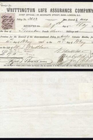 GB Whittington Life  Assurance Document with 1d Draft Stamp 1865
