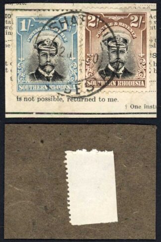Southern Rhodesia SG10 SG12 1/- and 2/- Perf 14 Used on Piece
