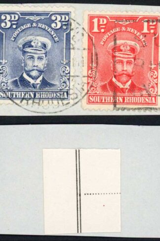 Southern Rhodesia SG5 SG2 3d Blue 1d Bright Rose Perf 14 Used on Piece